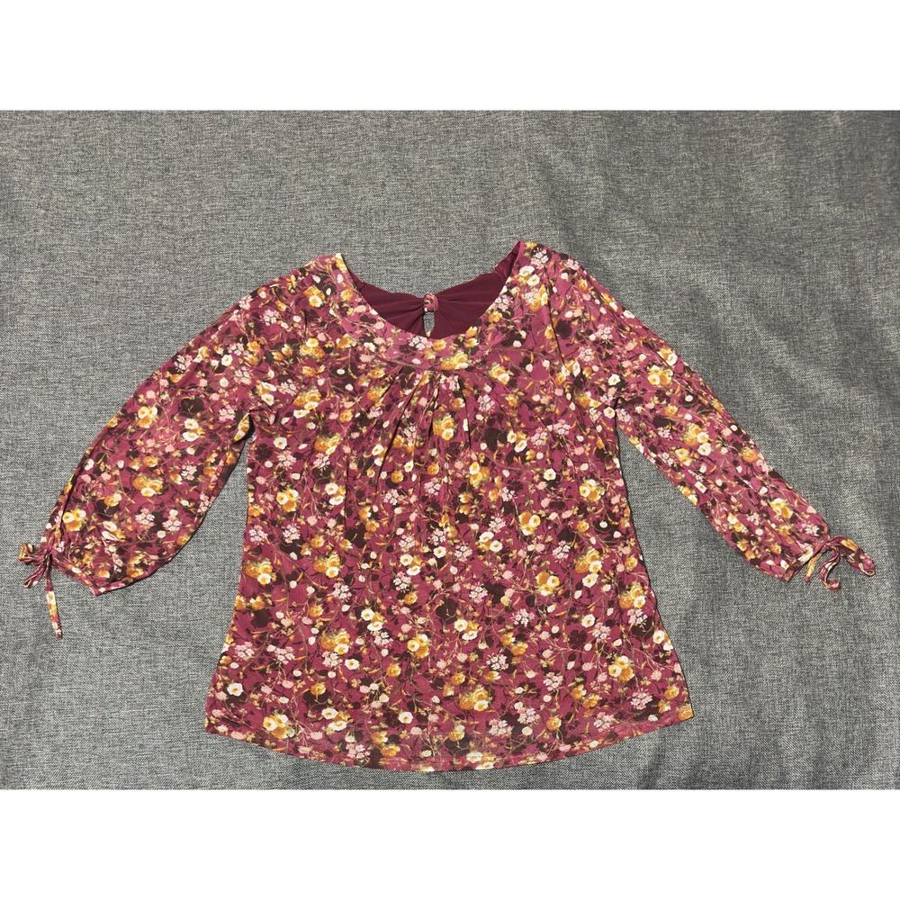 Stem & Vine Women L Blouse Floral Tie Sleeve Keyhole Back Burgundy T16660PMX